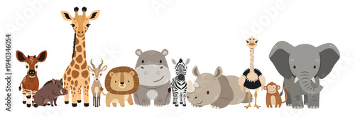 Cute group of animals illustration in soft pastel safari nursery style