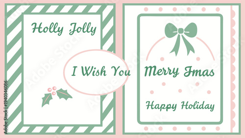 Holiday greeting cards with green borders and festive designs featuring holly and bow decorations on white background with pink accents