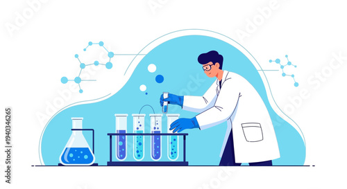 Scientist conducting experiment with test tubes and flask, blue liquids, science research concept