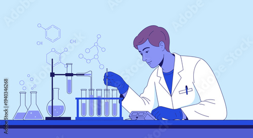 Scientist conducting experiment with test tubes and chemical formulas in laboratory