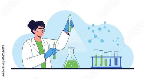 Scientist conducting experiment with test tubes and flasks in laboratory, science research