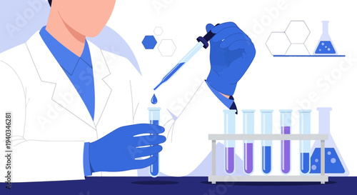 Scientist conducting experiment with test tubes and pipette in laboratory, science research concept