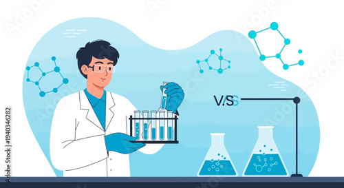 Scientist conducting experiment with test tubes and flasks in a laboratory, molecular structures in background