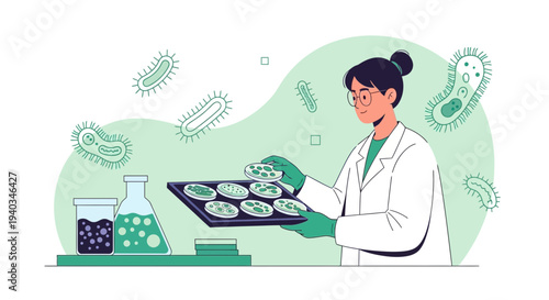 Scientist examining petri dishes with bacteria culture in laboratory, microbiology research