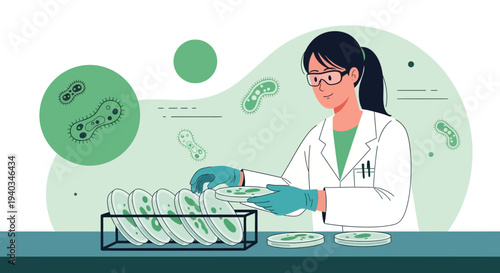 Scientist examining petri dishes with microorganisms in a laboratory setting