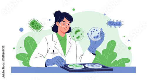 Scientist examining petri dishes with bacteria culture, microbiology research concept