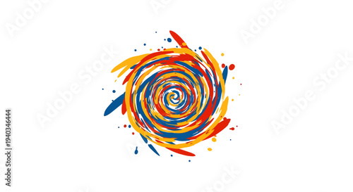 Vibrant abstract spiral artwork with swirling brushstrokes of blue, red, and yellow hues on white background.