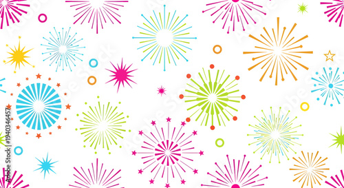 Vibrant colorful fireworks pattern on white background with various shapes and sizes