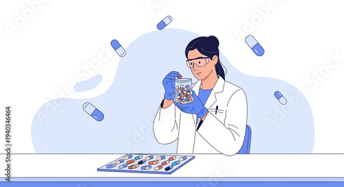 Scientist examining pills in a jar, surrounded by capsules, research, and development