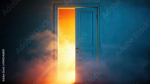 Partially open door revealing glowing light in dark interior.