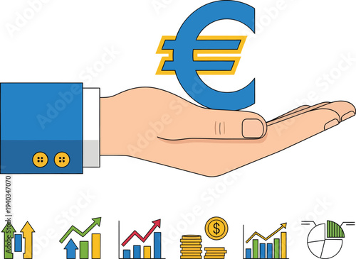 A hand holding a euro symbol with various economic and financial icons below