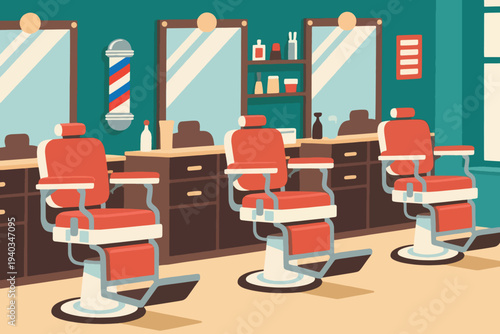 Barbershop interior with three red and white chairs, mirrors on teal wall, grooming products on counters, classic barber pole, clean organized retro vector illustration.