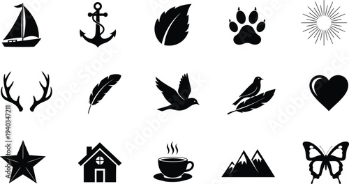 Collection of 15 various black silhouette icons on white background