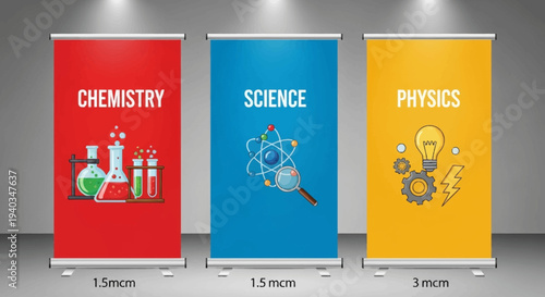 Three colorful roll-up banners for chemistry science and physics education.