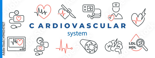 Cardiovascular line icon set. Blood pressure monitor, cardiac surgery, EKG device, cardiologist, brain stroke, cholesterol test vector illustrations. Outline signs for cardiology. Editable Stroke.