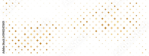 Gold four-point stars scattered on white. Diamond sparkle shapes in brown, beige, cream tones. Gradient density pattern. Y2K poster, party card, retro banner, festive backdrop. Vector texture.