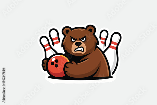 Angry cartoon bear holding red bowling ball, fierce expression with teeth bared, five scattered white pins with red stripes in background, sports mascot style illustration.