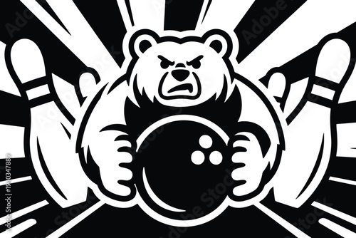 Black and white aggressive bear gripping bowling ball, fierce expression, dynamic lines radiating motion, pins in impact scene, bold contrast sports mascot illustration.