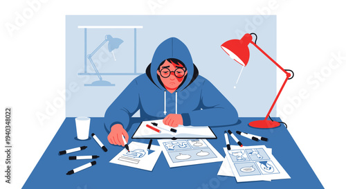 Young artist drawing comic book panels at a desk with art supplies, focused and creative