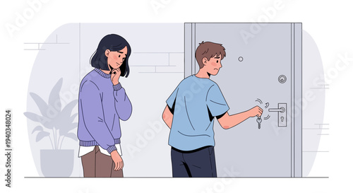 Young Couple Locked Out of Home, Frustrated Teenager Tries to Open Door with Key