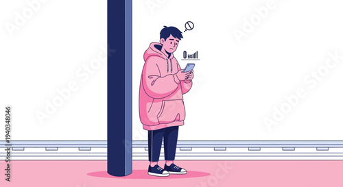 Young man in pink hoodie looking at phone, feeling bored or disappointed at a station
