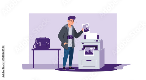 Young Man Printing Photos from Camera at Home Office with Briefcase