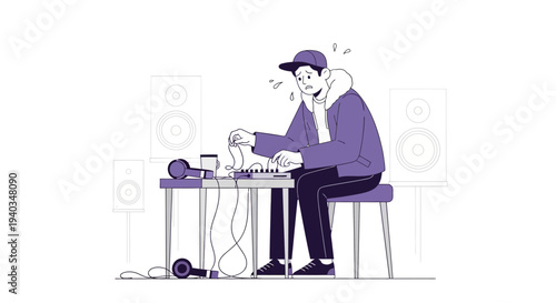 Young man stressed while producing music with synthesizer and headphones at home studio