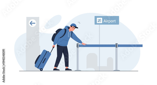 Young Man with Luggage at Airport Entrance, Ready for Travel