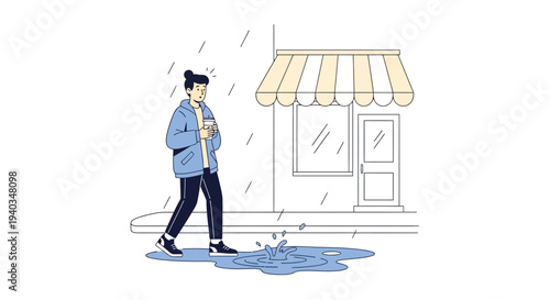 Young person walking in rain, holding a drink, near a shop with puddles on the sidewalk.