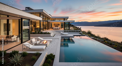 Luxury modern residence with infinity pool overlooking a tranquil lake at sunset, architectural marvel