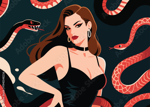 Confident woman in black dress with hoop earrings and choker, surrounded by red and black snakes, dramatic dark background with bold colors and mystique.
