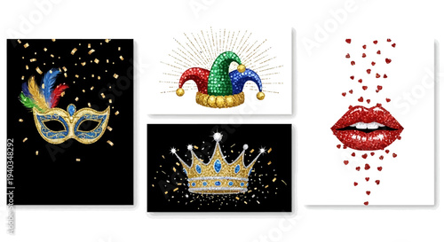 Mardi Gras themed party decorations and accessories.