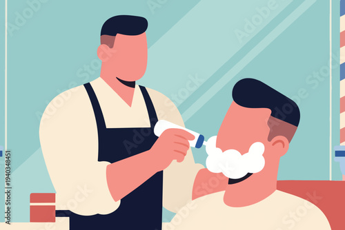 Barber applying shaving cream to client’s face, seated in barber chair, cream colored shirt and dark apron, mirror and barber pole in background, flat modern illustration.