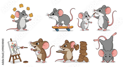 Cartoon mice engaging in various fun activities and hobbies.