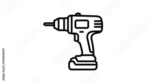 Cordless power drill icon in a simple black outline style used for construction and home repair concepts on a clean white background.
