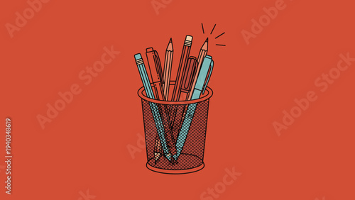 Desktop organizer cup filled with various pens and pencils on a bright orange background represents school supplies and creative work.
