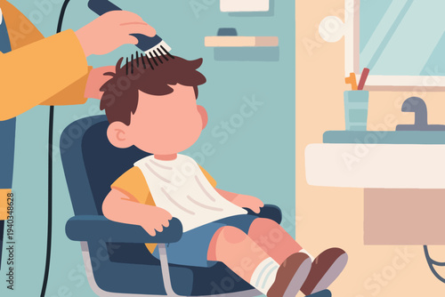 Child seated in barber chair wearing white cape and yellow shirt, barber trimming hair with clippers, background mirror and tools, modern flat illustration of grooming scene.