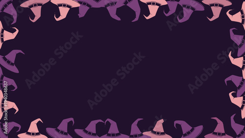 Dark purple frame bordered by light and dark pink witch hats with buckles creates a spooky and fun decorative element for Halloween theme.