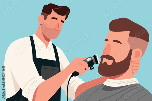 Barber grooming client’s beard with electric trimmer, wearing black apron and white shirt, client seated with cape, flat modern illustration on light blue background.
