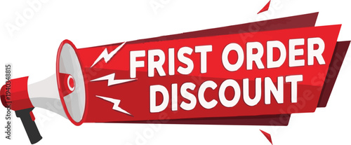 Red megaphone announcing a first order discount with white text on a banner announcement