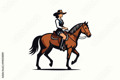 Stylized rider in wide brim hat, vest, skirt, and boots riding horse in motion, bold vector design with clean lines and limited brown black-white palette.