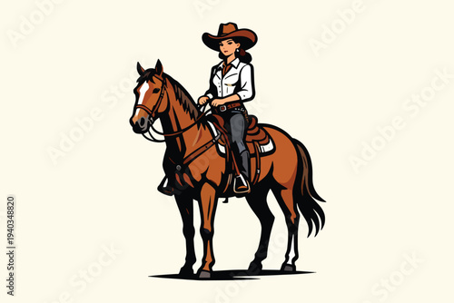 Cowboy in wide brim hat, white shirt, dark pants and boots riding brown horse with saddle and reins, stylized vector illustration of classic Western lifestyle.