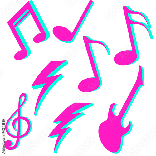 Neon Music Icons Collection: Electric Guitar, Musical Notes, Treble Clef, and Lightning in 80s Retro Pop Art Style