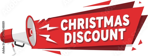 Red megaphone announcing " CHRISTMASDISCOUNT" with white lightning bolt graphics