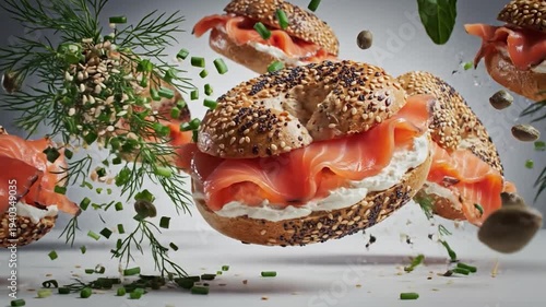 Floating bagels smoked salmon cream cheese fresh herbs