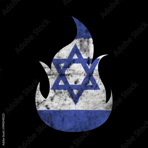 Top view photo of wawy Israeli flag on black background with empty space with eternal flame.
