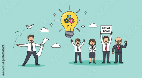 Business team celebrates successful idea generation and innovation.
