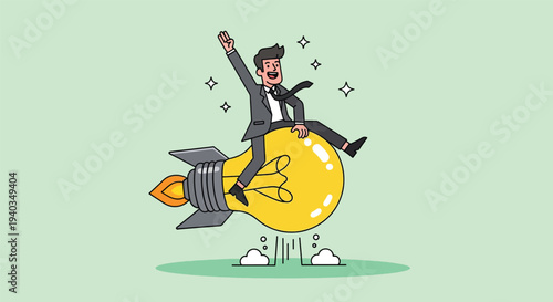 Businessman riding a lightbulb rocket symbolizing innovative ideas and successful startup launch.