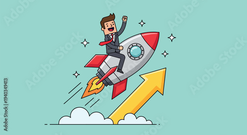 Businessman riding rocket with upward arrow symbolizing business growth and success.