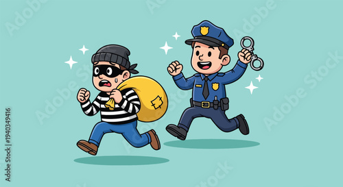 Cartoon illustration of a police officer chasing a thief with a bag of stolen goods Vector Illustration.